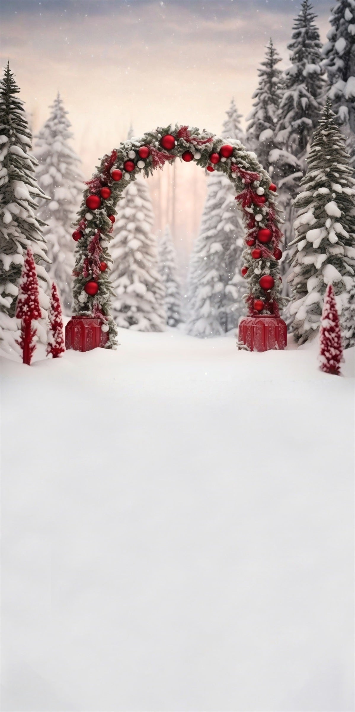 Weihnachtsbaum Bauernhof Backdrop Rot Ball Arch Cedar Grove Weihnachten Backdrop für Fotos MRR8- 104