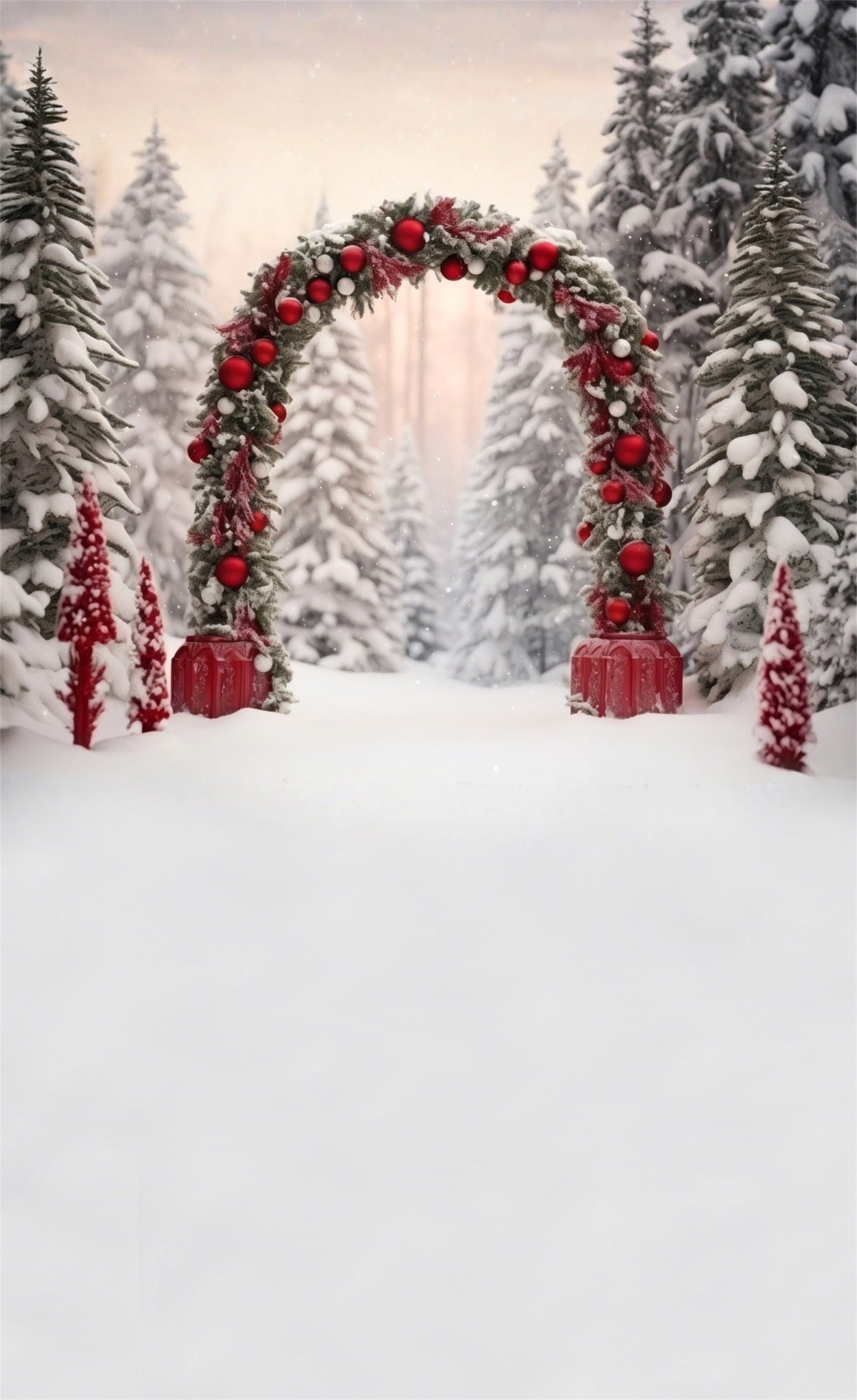 Weihnachtsbaum Bauernhof Backdrop Rot Ball Arch Cedar Grove Weihnachten Backdrop für Fotos MRR8- 104