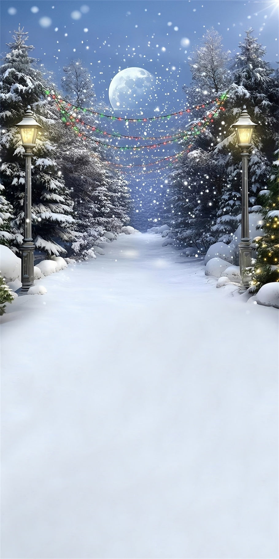 Weihnachtsbaum Farm Fotohintergrund verschneite Nacht farbige Lichter Cedar Trail Weihnachten Fotohintergrund MRR8-116