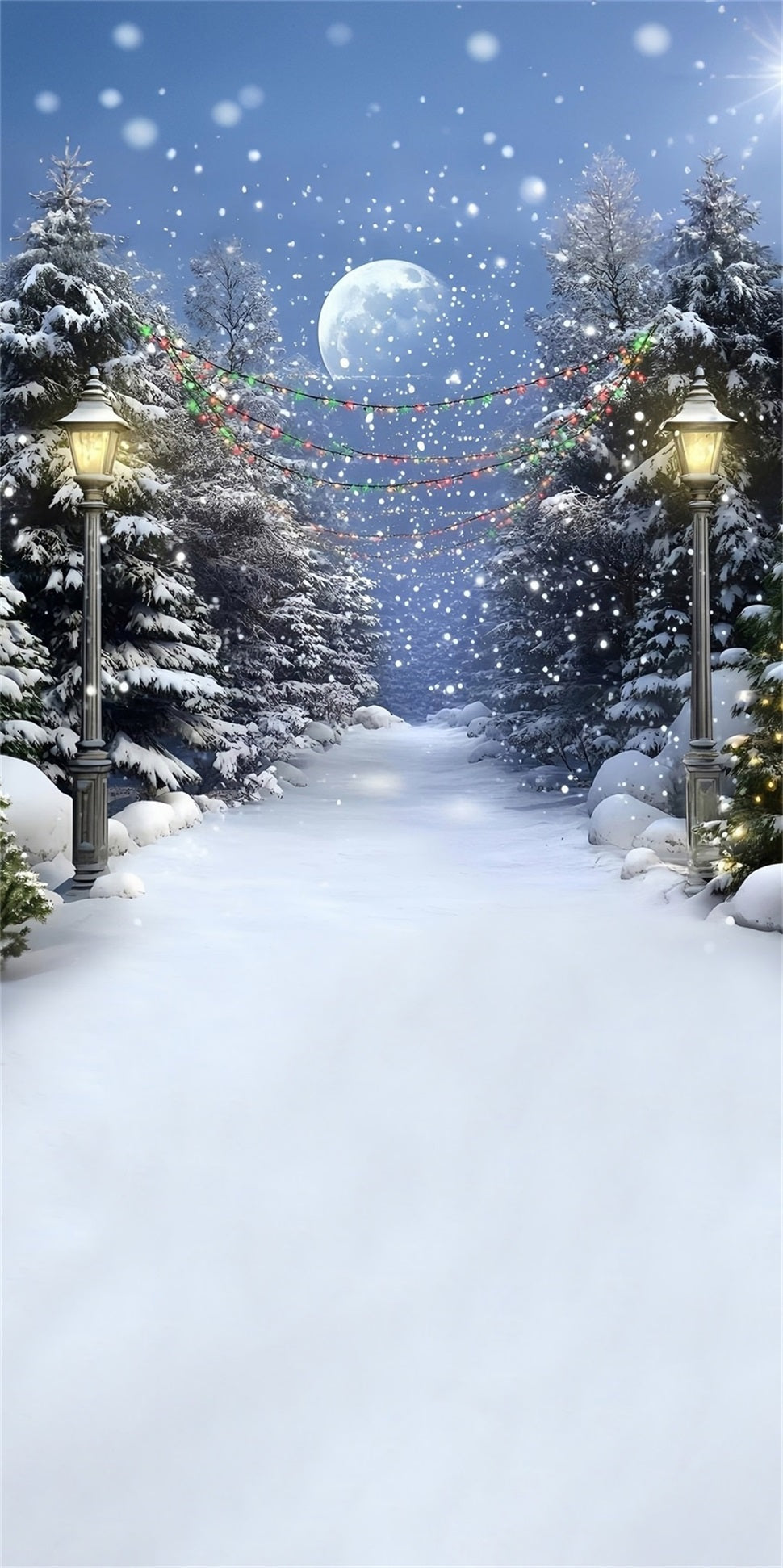 Weihnachtsbaum Farm Fotohintergrund verschneite Nacht farbige Lichter Cedar Trail Weihnachten Fotohintergrund MRR8-116