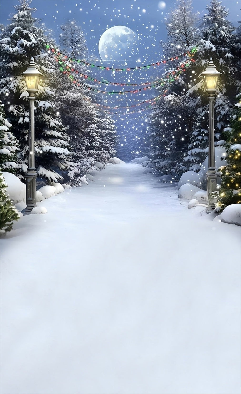 Weihnachtsbaum Farm Fotohintergrund verschneite Nacht farbige Lichter Cedar Trail Weihnachten Fotohintergrund MRR8-116
