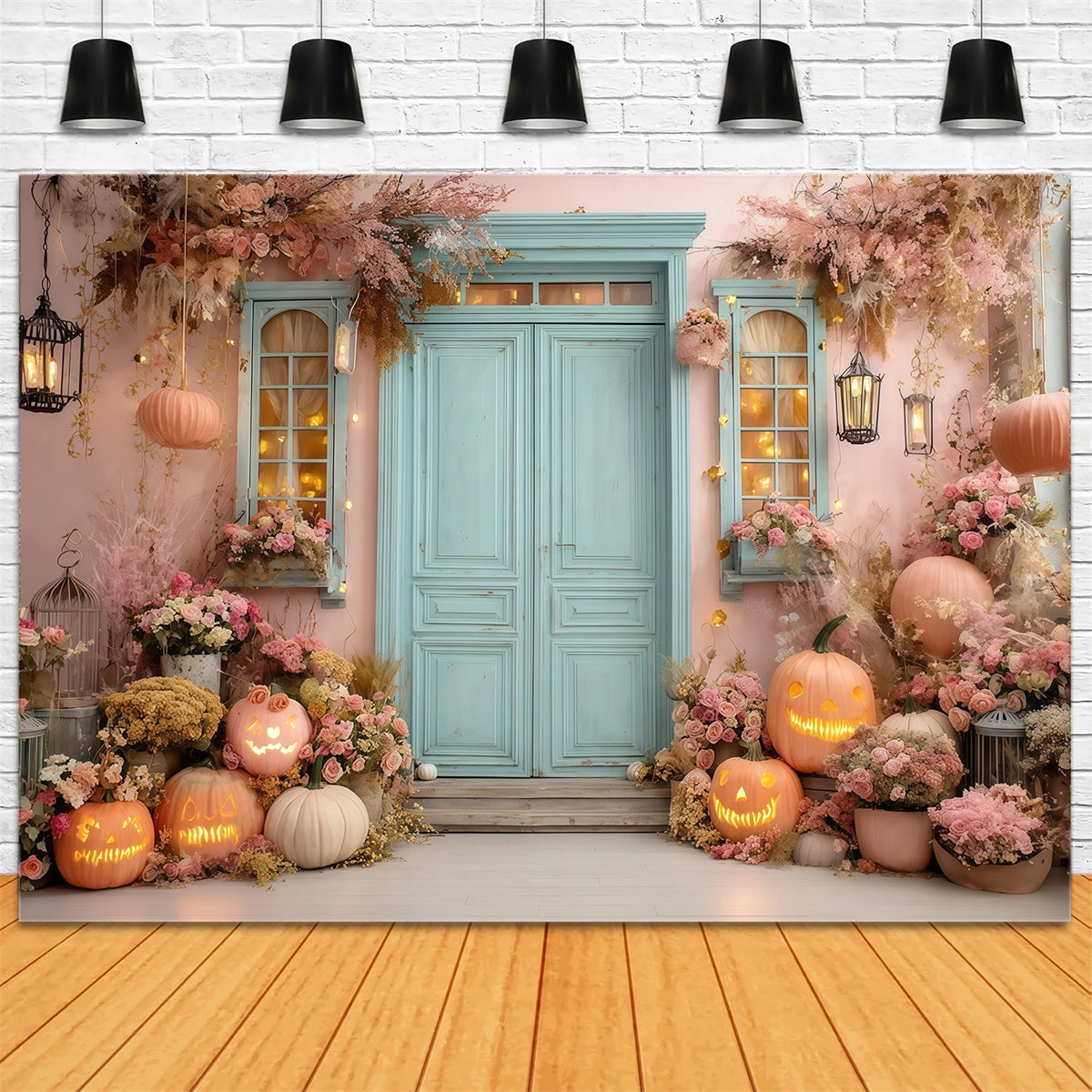 Halloweenkulissen für Fotos Errötender Kürbis Floraler Türschwellenhintergrund MRR8-17