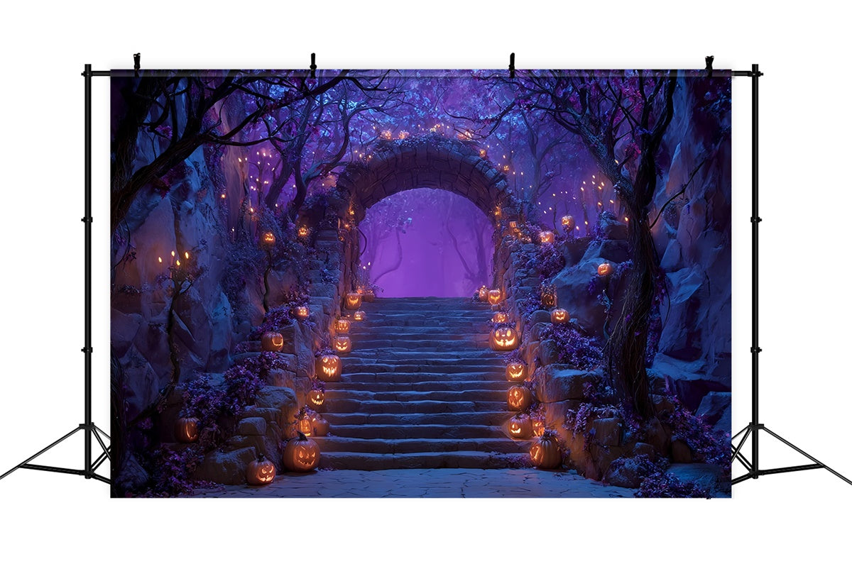Gespenstische Halloween Hintergrundkulisse Verzauberte lila Waldtreppe Halloween Foto Hintergrund MRR8-18