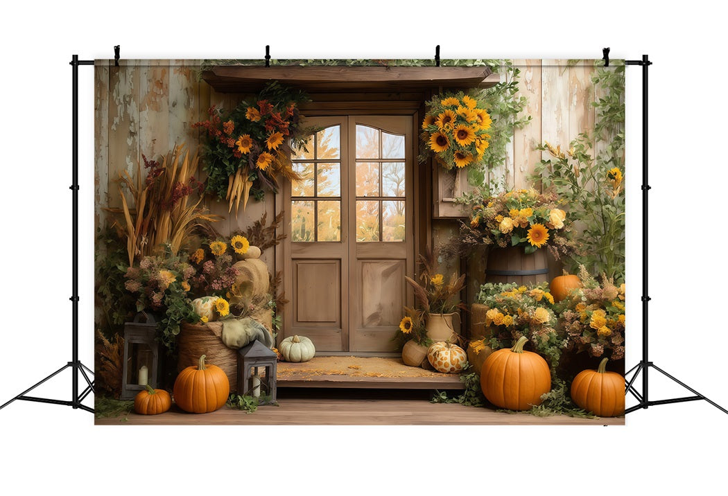 Fall Backdrop Sunflower Barn Door Pumpkin Autumn Photo Backdrop MRR8-181