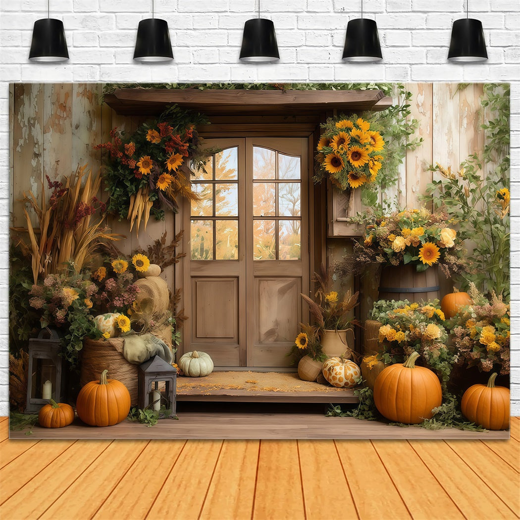 Fall Backdrop Sunflower Barn Door Pumpkin Autumn Photo Backdrop MRR8-181