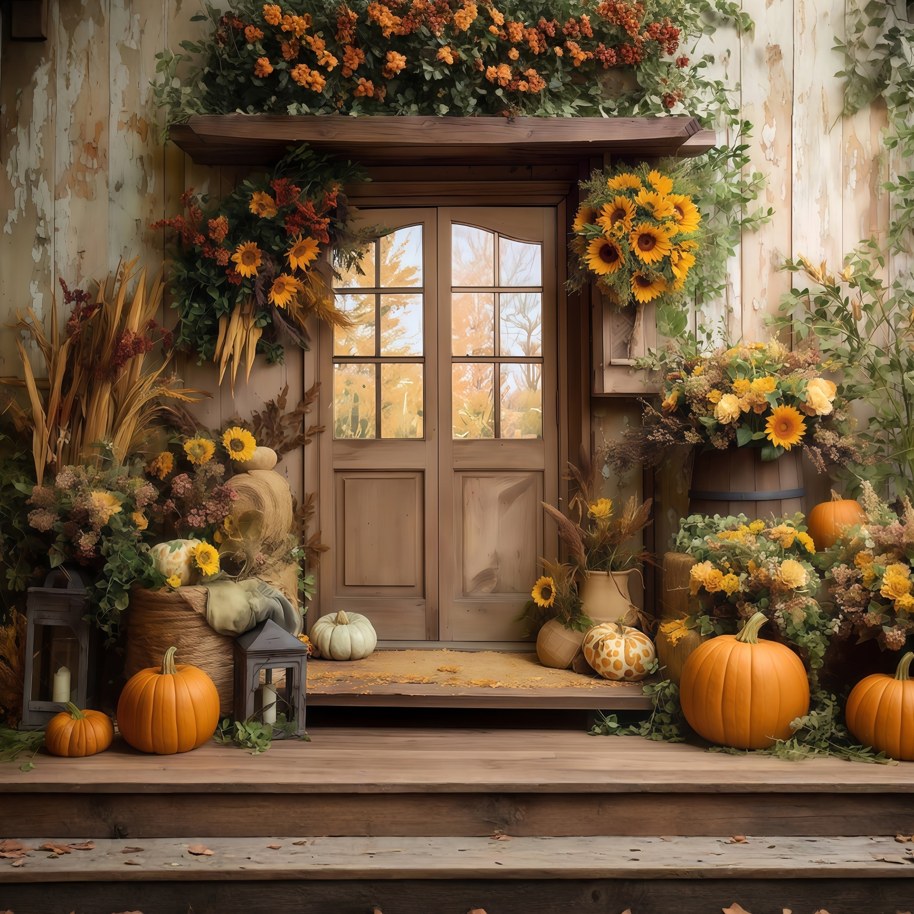 Fall Backdrop Sunflower Barn Door Pumpkin Autumn Photo Backdrop MRR8-181