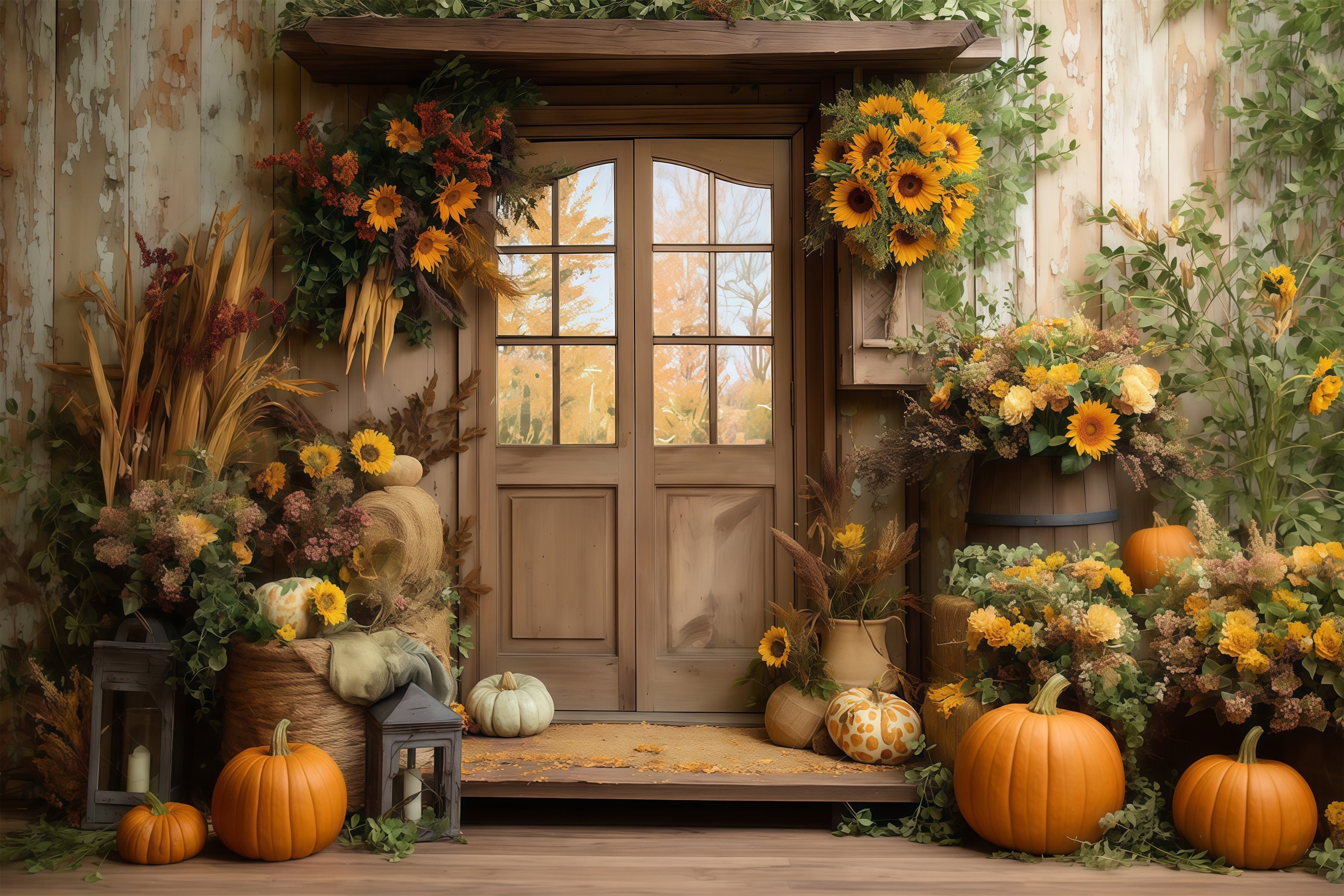 Fall Backdrop Sunflower Barn Door Pumpkin Autumn Photo Backdrop MRR8-181