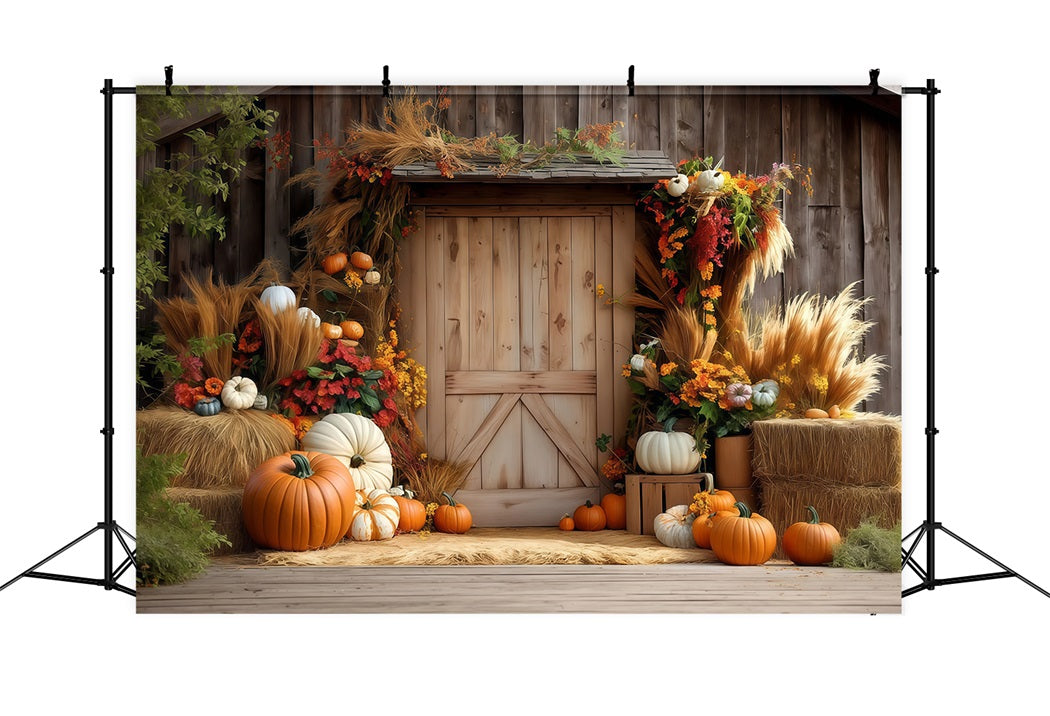 Autumn Backdrop Wood Door Pumpkin Hay Fall Photo Backdrops MRR8-182