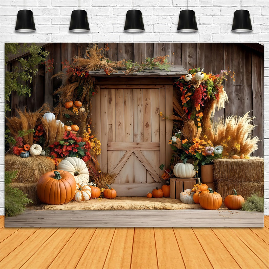 Autumn Backdrop Wood Door Pumpkin Hay Fall Photo Backdrops MRR8-182