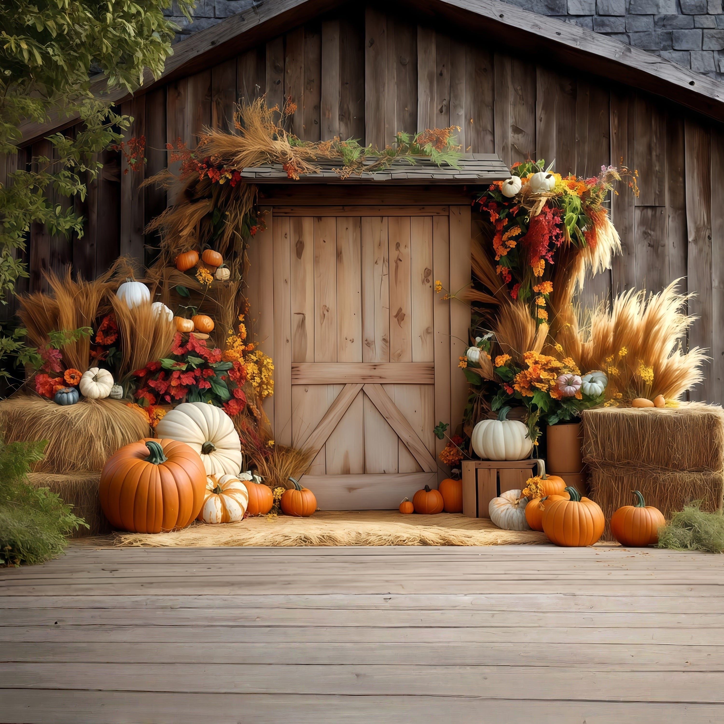 Autumn Backdrop Wood Door Pumpkin Hay Fall Photo Backdrops MRR8-182