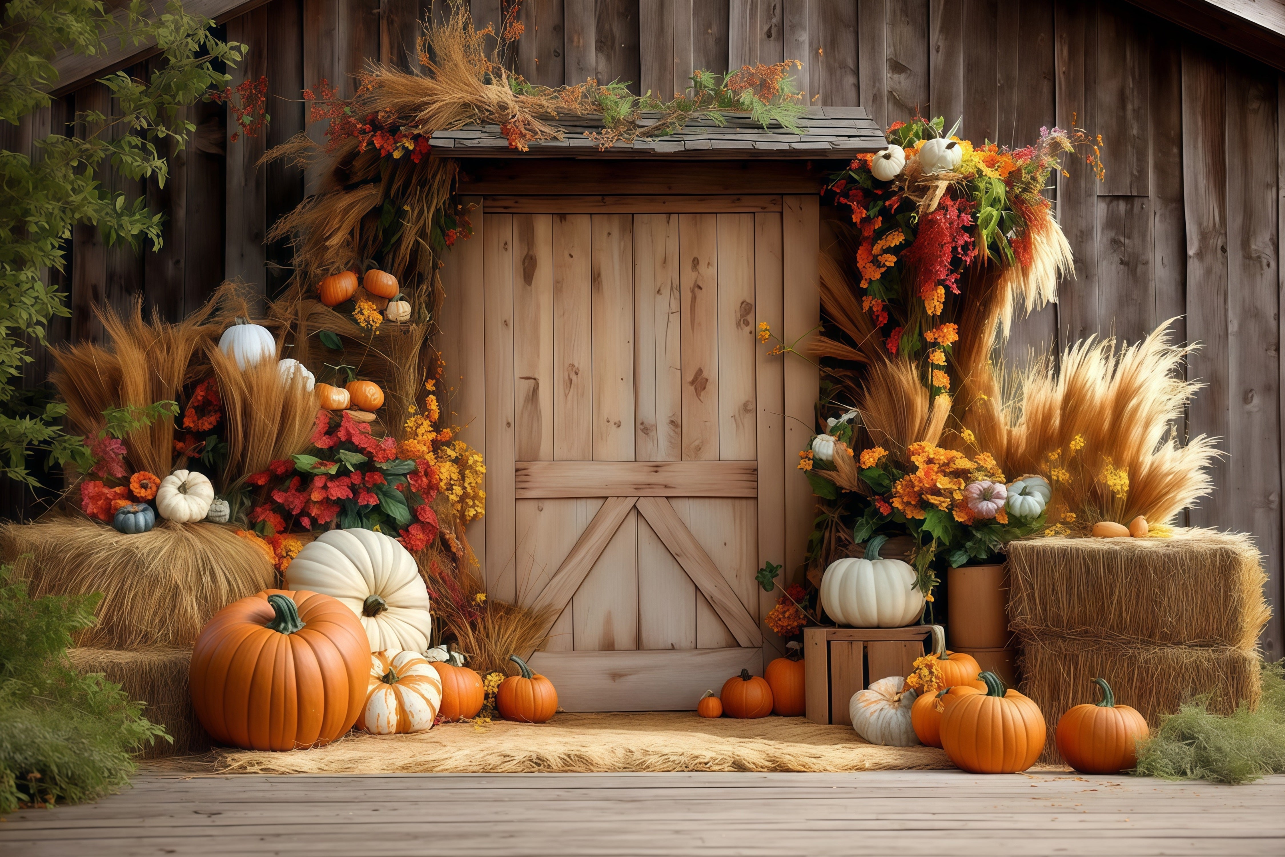 Autumn Backdrop Wood Door Pumpkin Hay Fall Photo Backdrops MRR8-182
