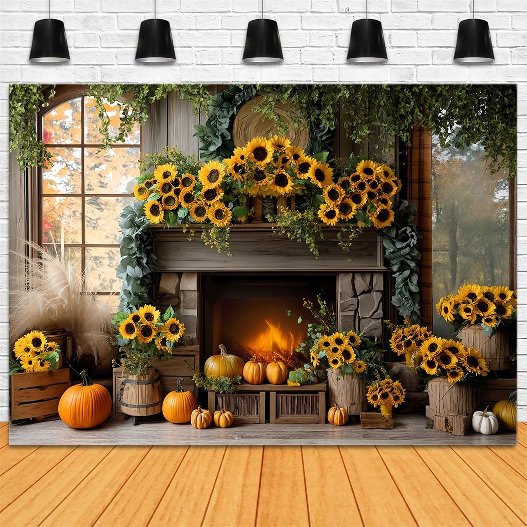 Fall Backdrop Sunflower Fireplace Door Pumpkin Autumn Fall Backdrop MRR8-183