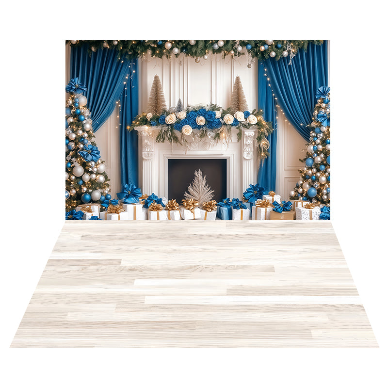Blauer Kamin-Eleganz-Foto Hintergrund + weiß getünchter Holzboden-Foto Hintergrund MRR8-198