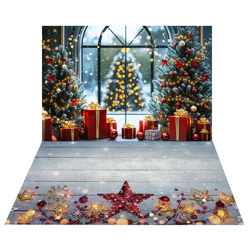 Foto Hintergrund mit goldenen Geschenkbäumen + Foto Hintergrund mit mattem Sternornamentboden MRR8-211