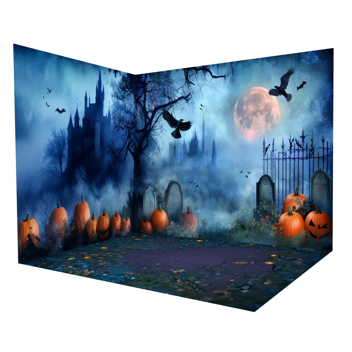 Halloween-Hintergründe Spukschloss Mondbeschienene Kürbisse Foto Hintergrund Raumset MRR8-240