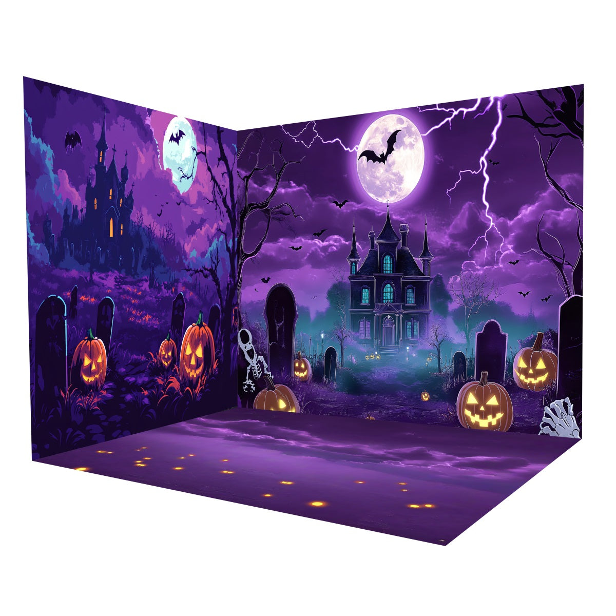 Halloween-Bildkulisse: Lila Spukvilla, Friedhof-Kulissen-Raumset MRR8-256