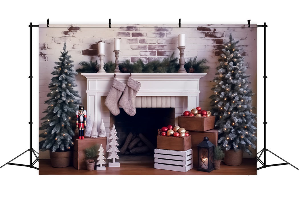 Weihnachten Fotohintergrund Frostige Kiefern Kamin Dekoration Weihnachtsfotokulisse MRR8-261