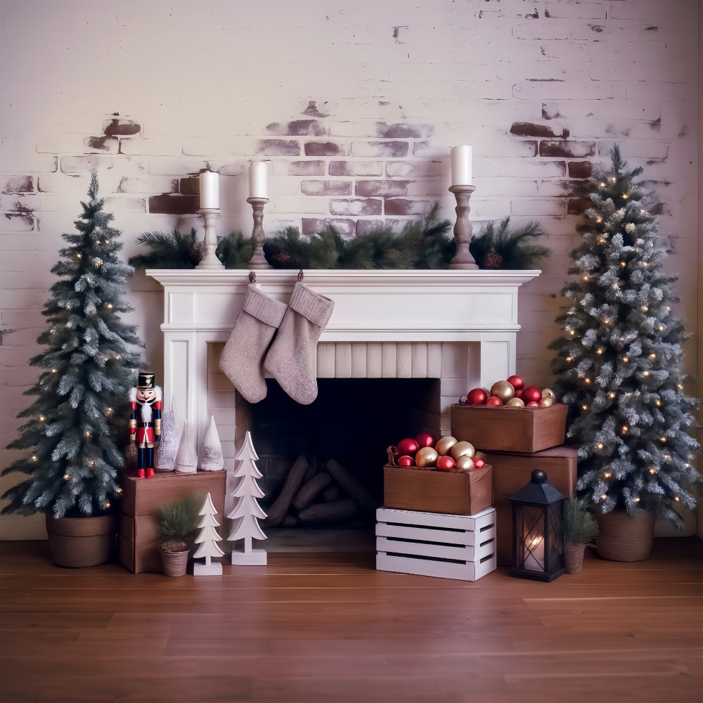 Weihnachten Fotohintergrund Frostige Kiefern Kamin Dekoration Weihnachtsfotokulisse MRR8-261
