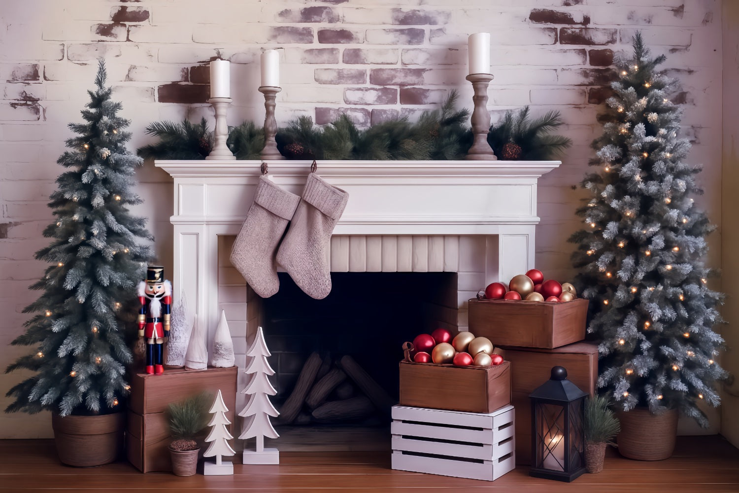 Weihnachten Fotohintergrund Frostige Kiefern Kamin Dekoration Weihnachtsfotokulisse MRR8-261