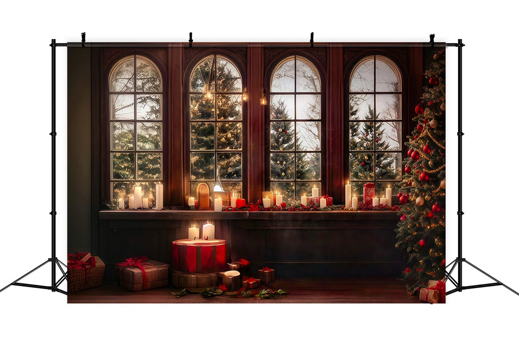 Weihnachtsfotokulisse Kerzenschein Fenster Verschneite Bäume Weihnachten Fotohintergrund MRR8-262