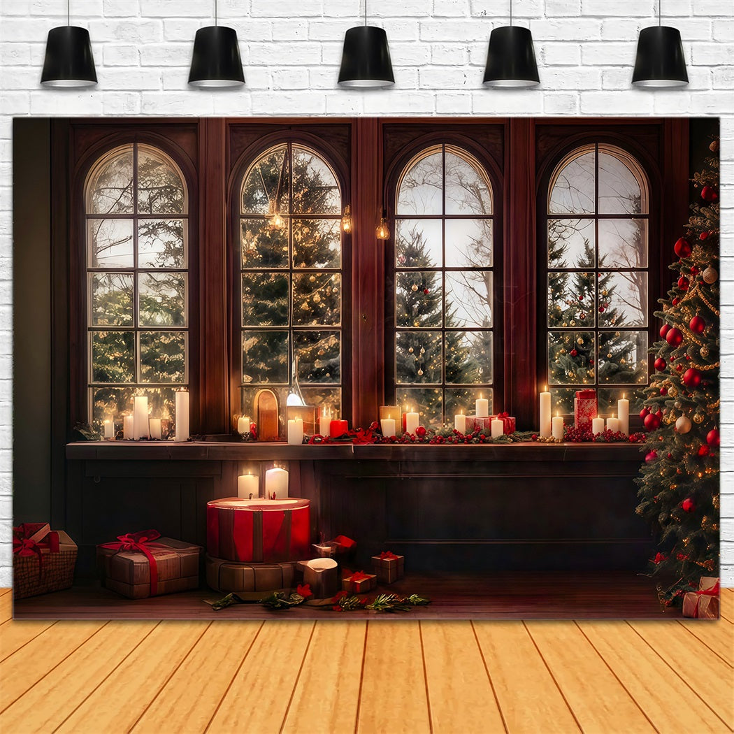 Weihnachtsfotokulisse Kerzenschein Fenster Verschneite Bäume Weihnachten Fotohintergrund MRR8-262