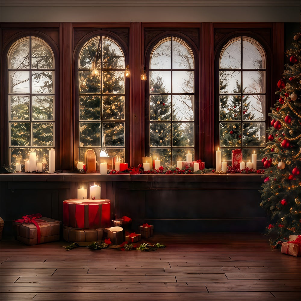 Weihnachtsfotokulisse Kerzenschein Fenster Verschneite Bäume Weihnachten Fotohintergrund MRR8-262