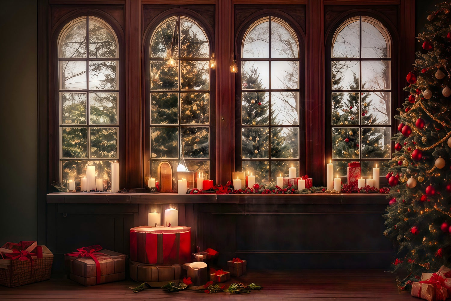 Weihnachtsfotokulisse Kerzenschein Fenster Verschneite Bäume Weihnachten Fotohintergrund MRR8-262