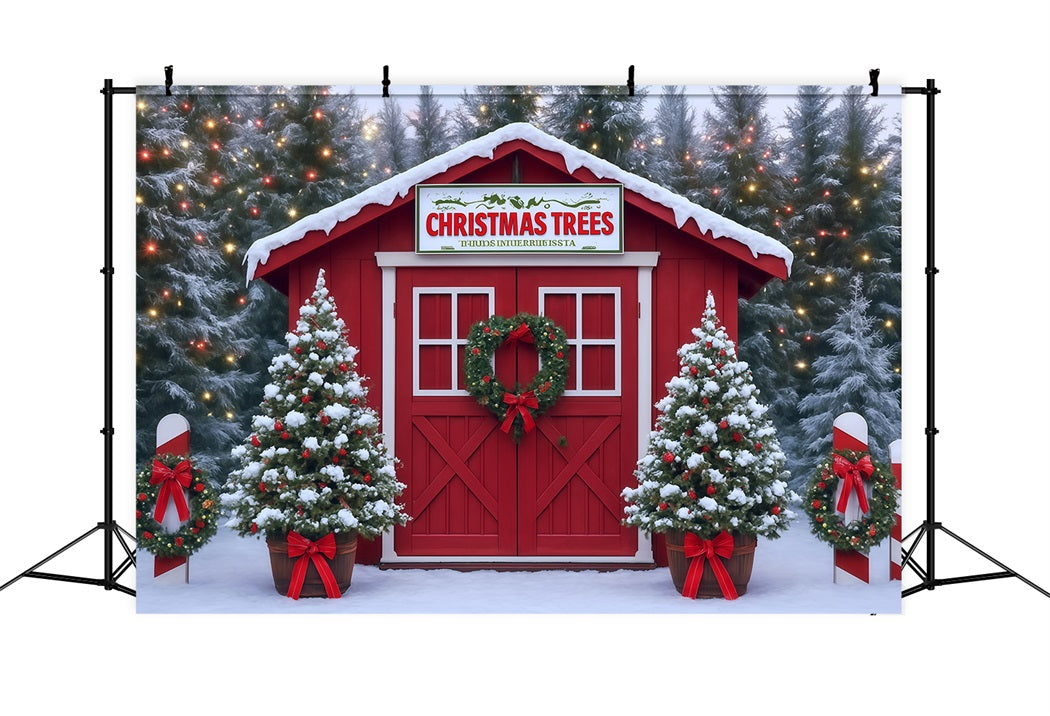 Weihnachtsbaum Fotohintergrund Verschneites Bauernhaus Rote Scheune Weihnachtsfotokulisse MRR8-263