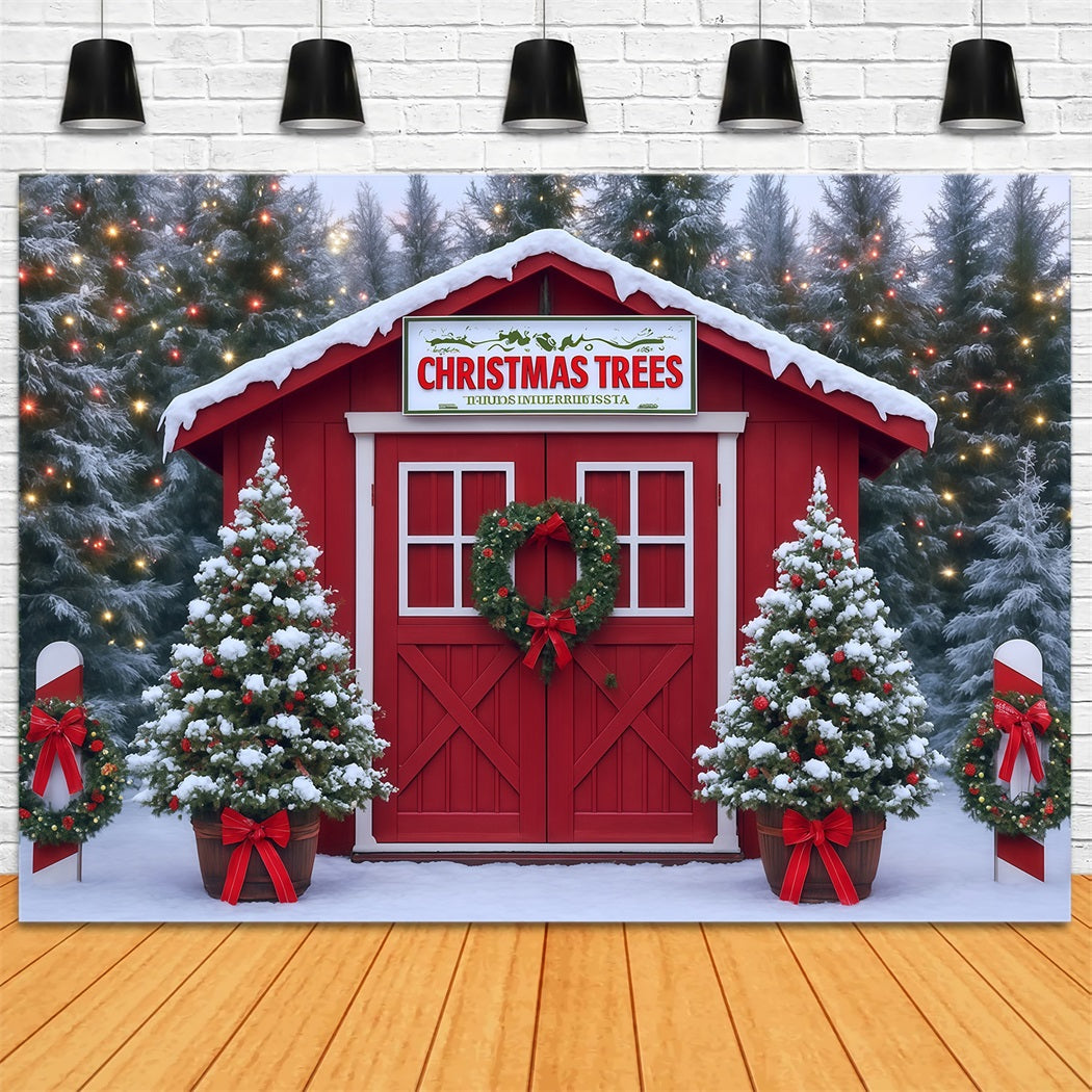 Weihnachtsbaum Fotohintergrund Verschneites Bauernhaus Rote Scheune Weihnachtsfotokulisse MRR8-263