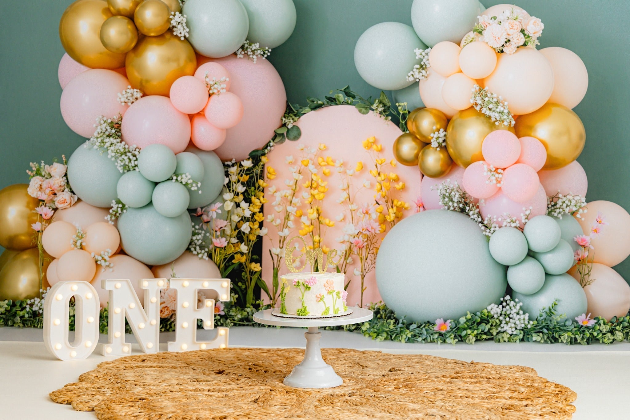 Cake Smash Hintergrund Ballon Blumenbogen Dekoration Geburtstag Fotohintergrund MRR8-270