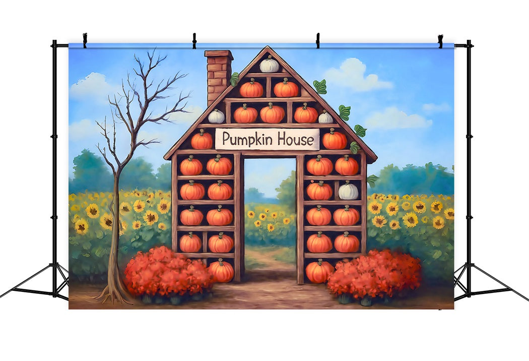 Herbst-Hintergrund Kürbishaus Ernte Sonnenblumen Herbst-Foto-Hintergrund MRR8-271