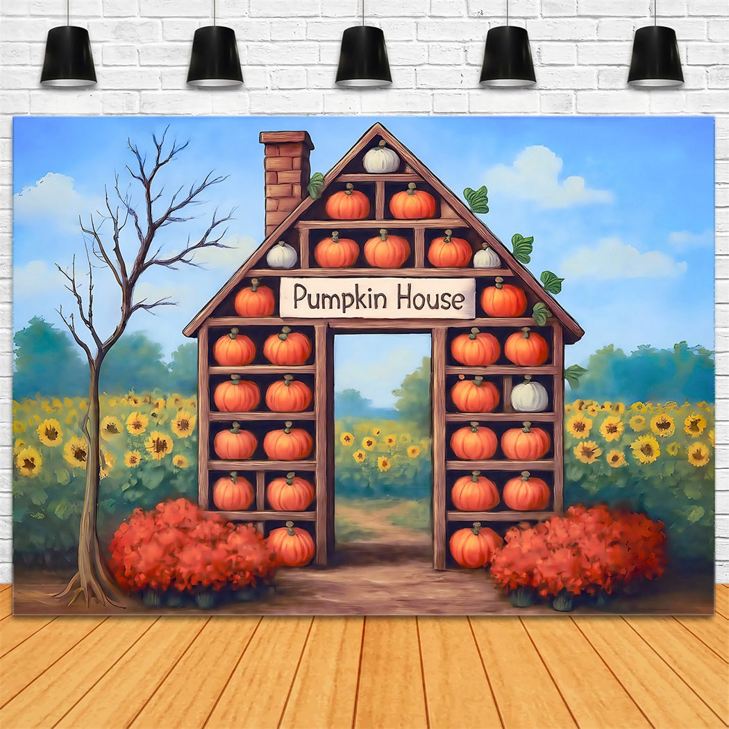 Herbst-Hintergrund Kürbishaus Ernte Sonnenblumen Herbst-Foto-Hintergrund MRR8-271