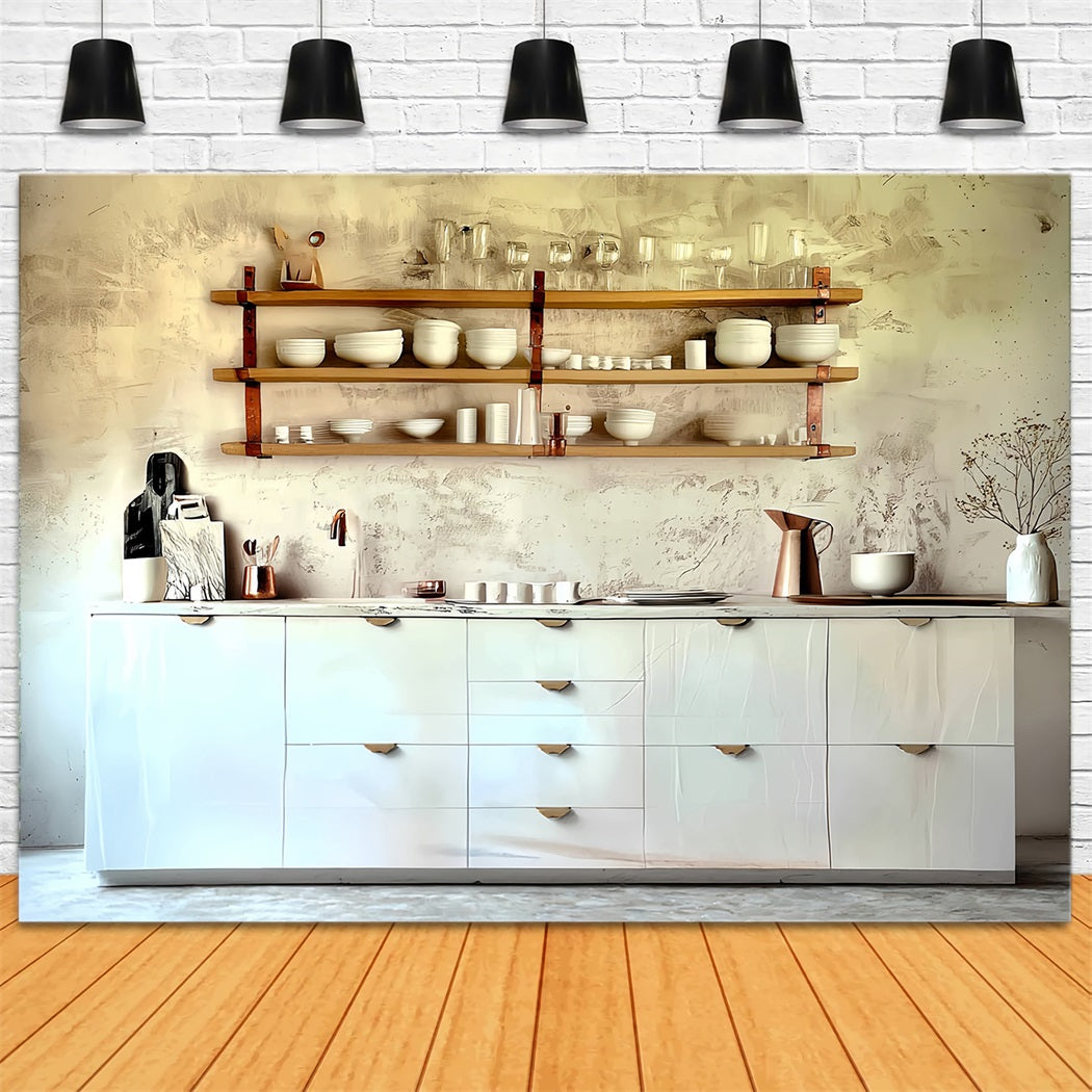 Vintage-Hintergrund Minimalistische weiße Küchenregale Vintage-Fotografie-Hintergrund MRR8-275