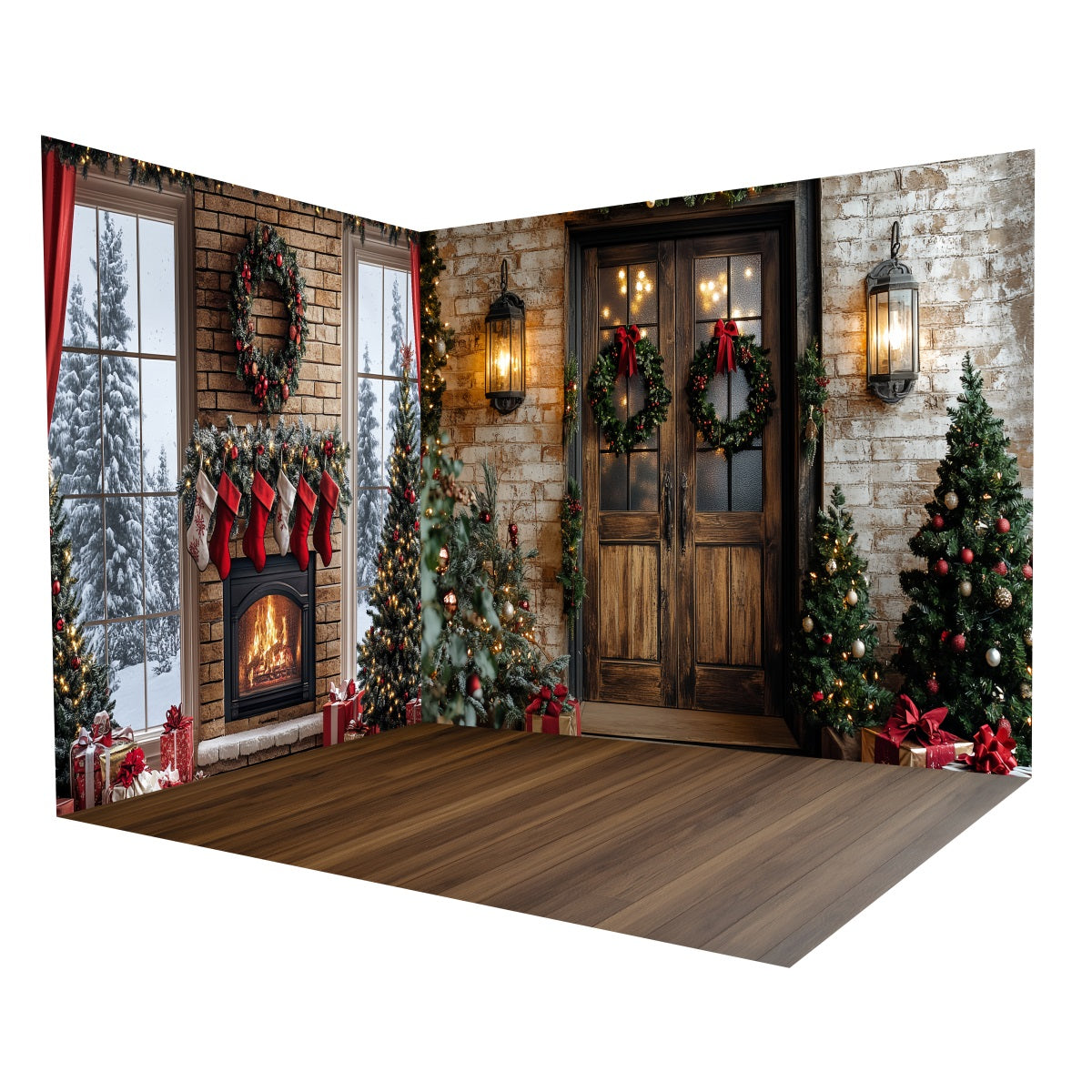 Weihnachtsfotohintergrund Gemütlicher Kamin Vintage-Tür Fotohintergrund Raumset MRR8-289