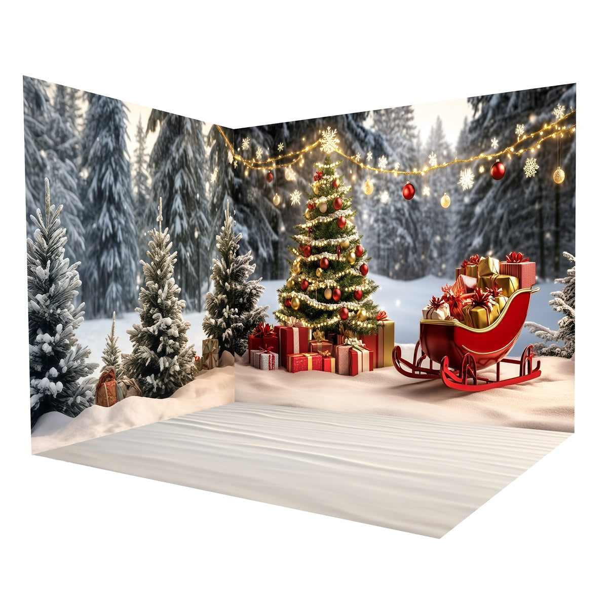 Weihnachtsfotografie Studio Hintergründe Schlittenfahrt Schneebedeckter Wald Fotohintergrund Raumset MRR8-290