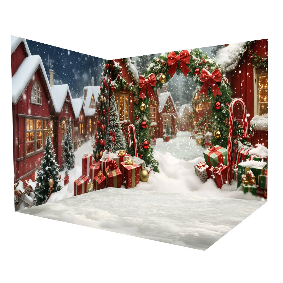 Weihnachtsfotohintergrund-Ideen Schneebedecktes Dorf Weihnachtsfotohintergrund Raumset MRR8-291