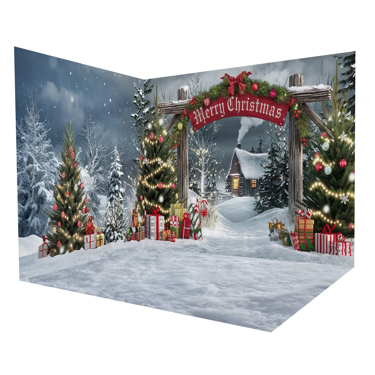 Weihnachtsfotografie Studio Hintergründe Winterliches verschneites Dorf Fotohintergrund-Raumset MRR8-300