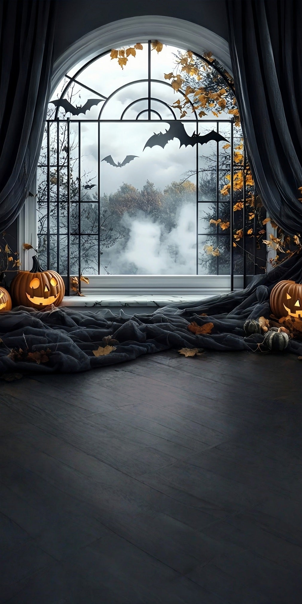 Halloween Foto Hintergrund Ideen Schwarze Vorhänge Gewölbtes Fenster Sweep Backdrop MRR8-46