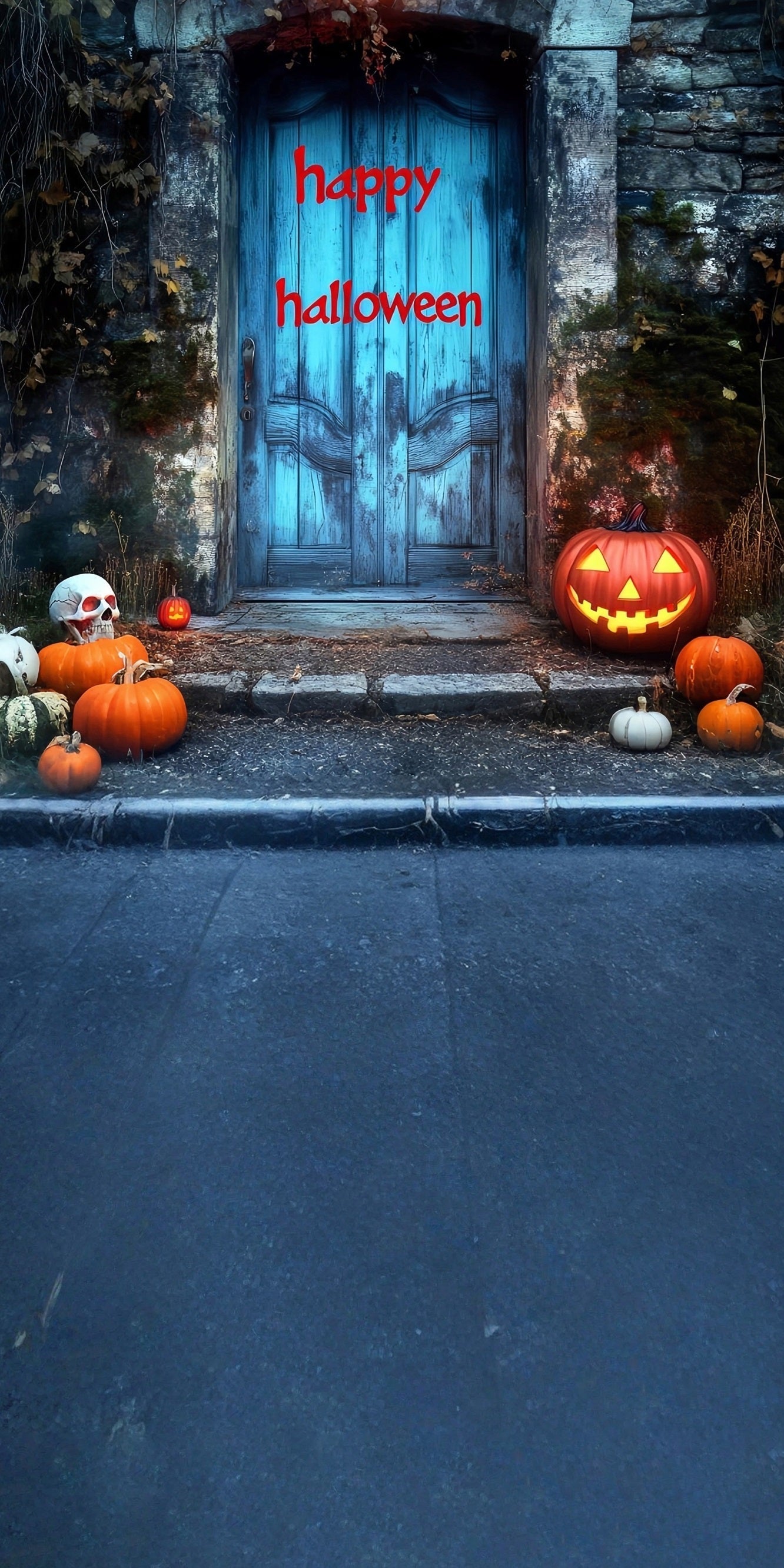 Halloween Fotohintergrund Bloodletter "Happy Halloween" Blau Vintage Tür Sweep Hintergrund MRR8-50