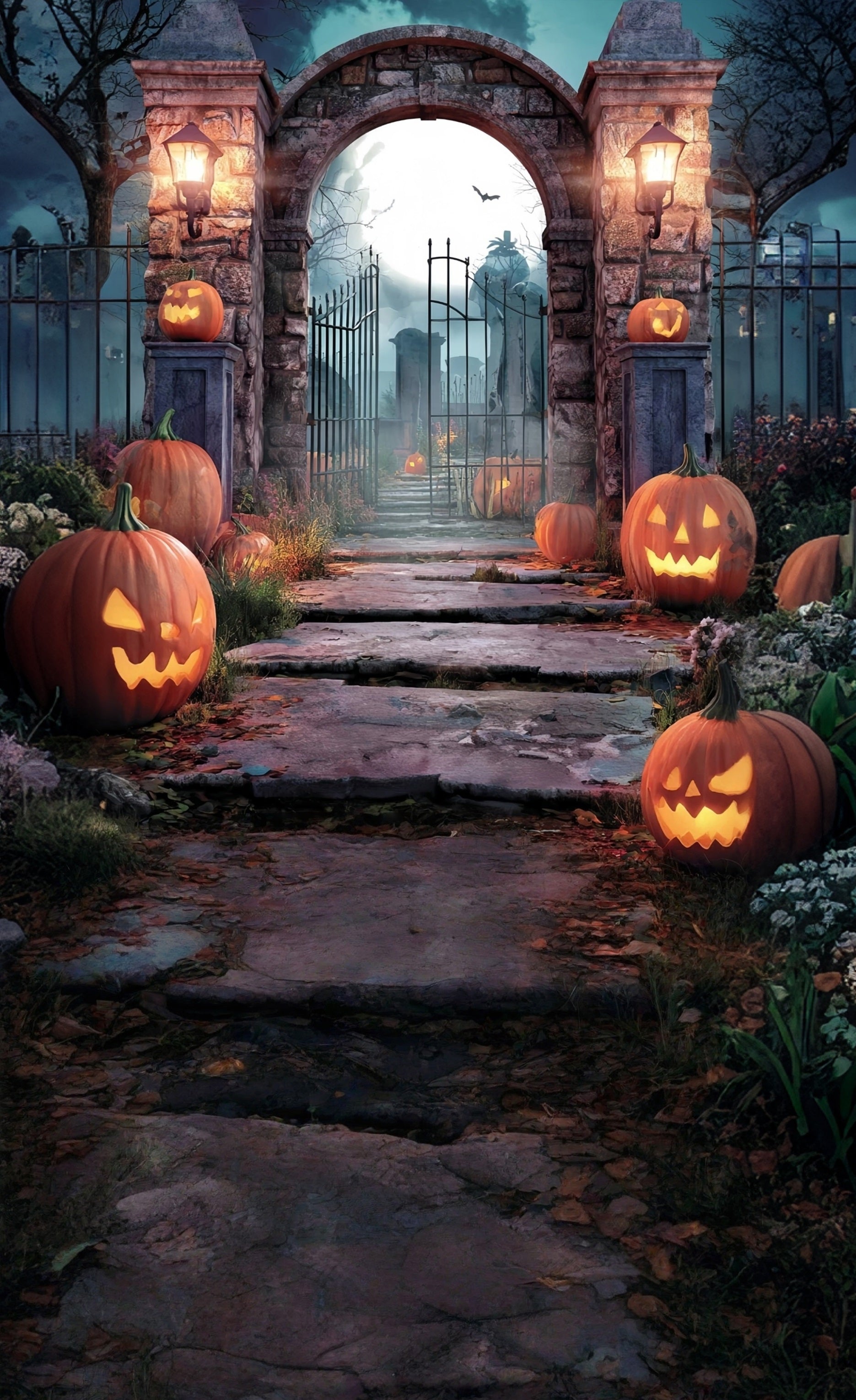 Halloween Friedhof Foto Hintergrund Kürbis Lampen Stein Backstein Friedhofstor Sweep Backdrop MRR8-53