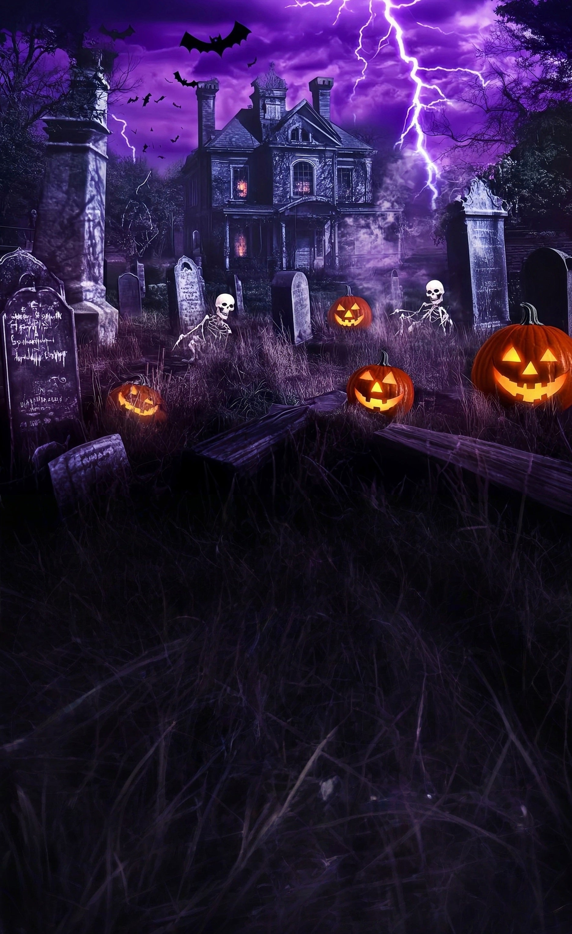 Haunted House Foto Hintergrund Lightning Haunted House Graveyard Skeleton Dance Sweep Backdrop MRR8-56