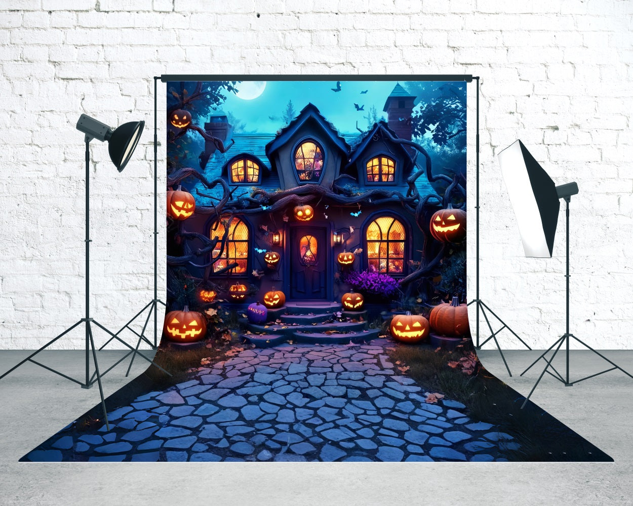 Haunted House Foto Hintergrund Moonlit Pumpkin Lamp Enchanted Cottage Sweep Backdrop MRR8-57