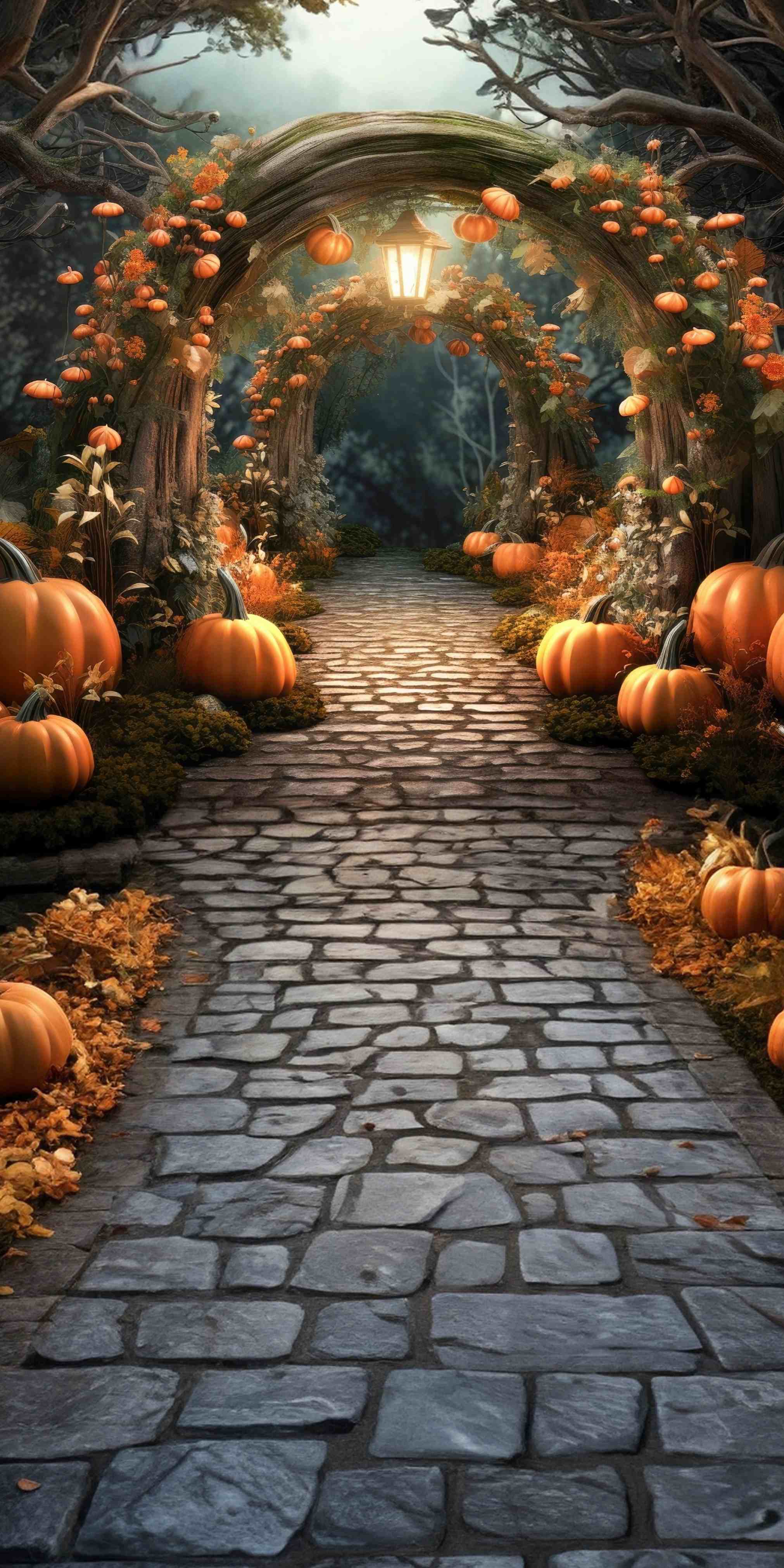 Herbstlaub-Fotohintergrund Verwunschener Kürbisbogen Pfad Sweep-Fotohintergrund MRR8-92
