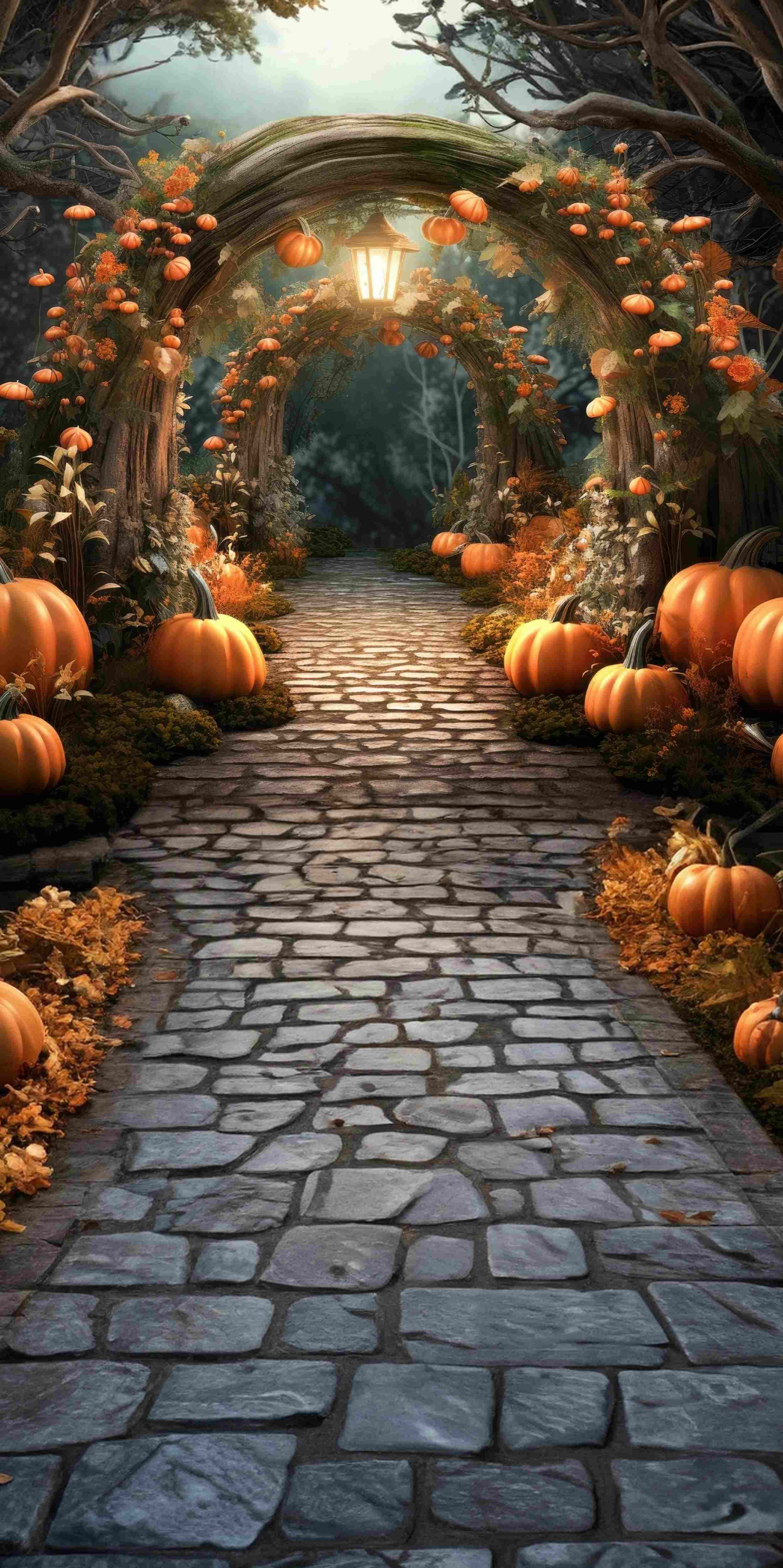 Herbstlaub-Fotohintergrund Verwunschener Kürbisbogen Pfad Sweep-Fotohintergrund MRR8-92