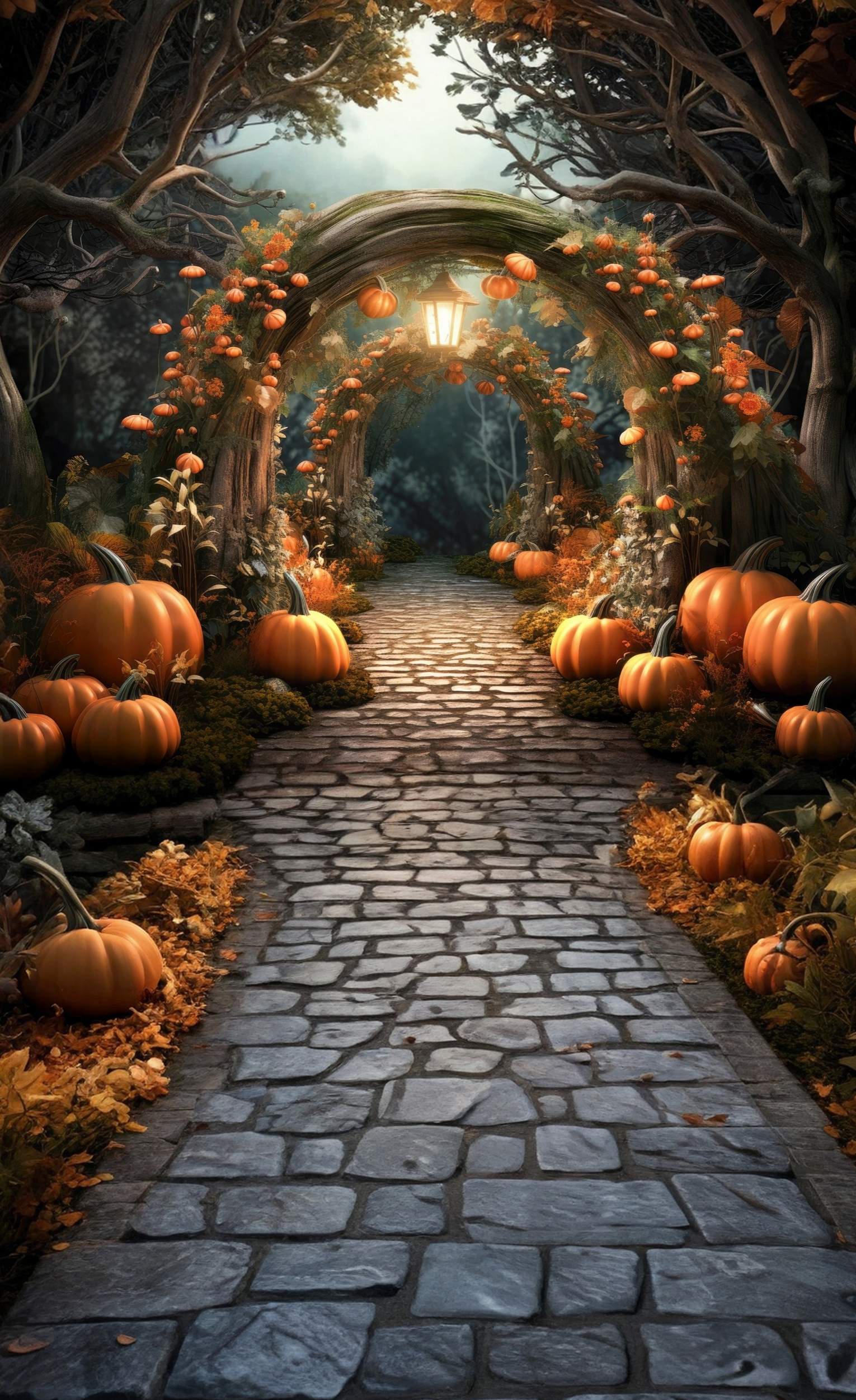 Herbstlaub-Fotohintergrund Verwunschener Kürbisbogen Pfad Sweep-Fotohintergrund MRR8-92