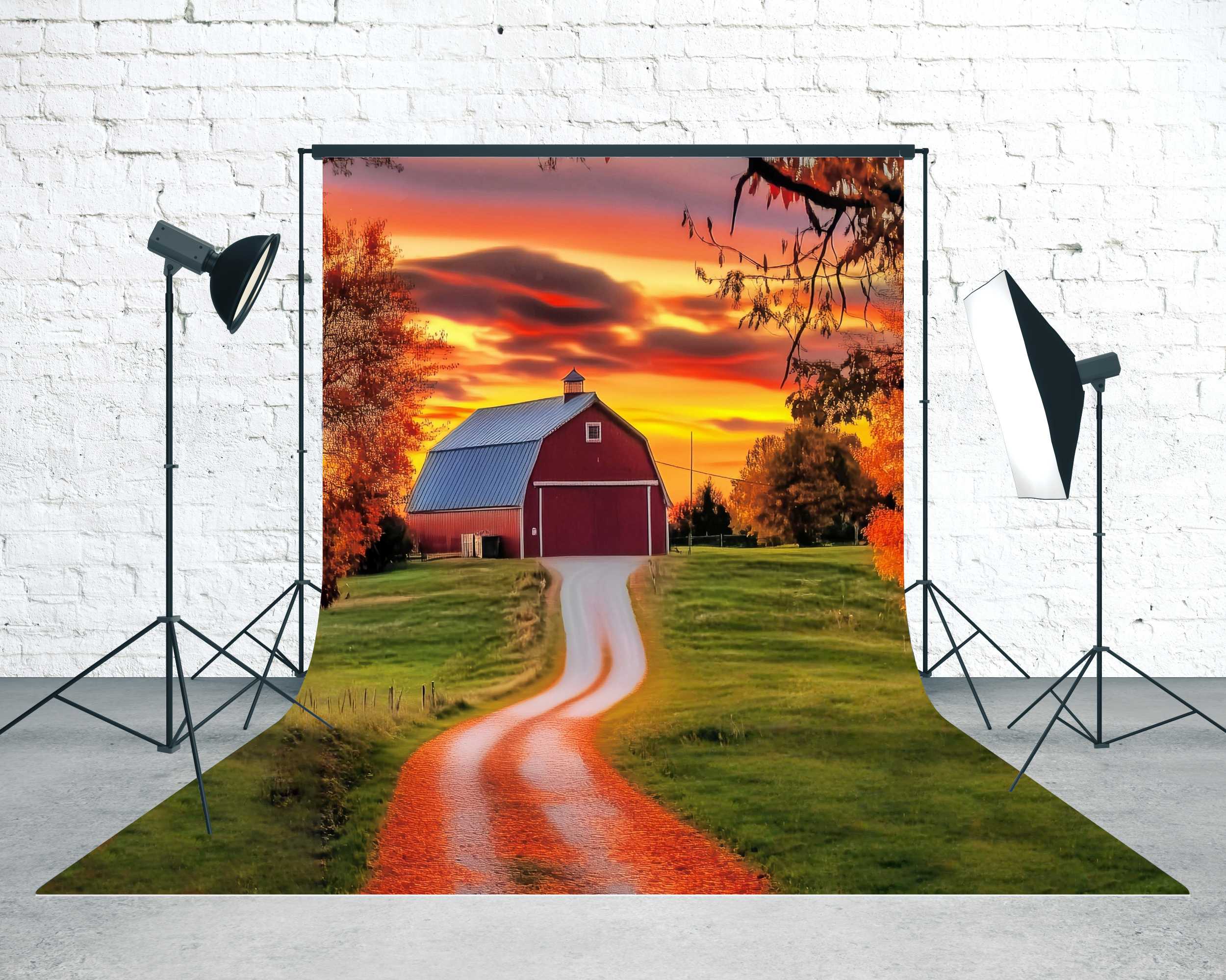 Herbst-Fotohintergrundkulissen Goldener Sonnenuntergang Farm Road Sweep-Fotohintergrund MRR8-94