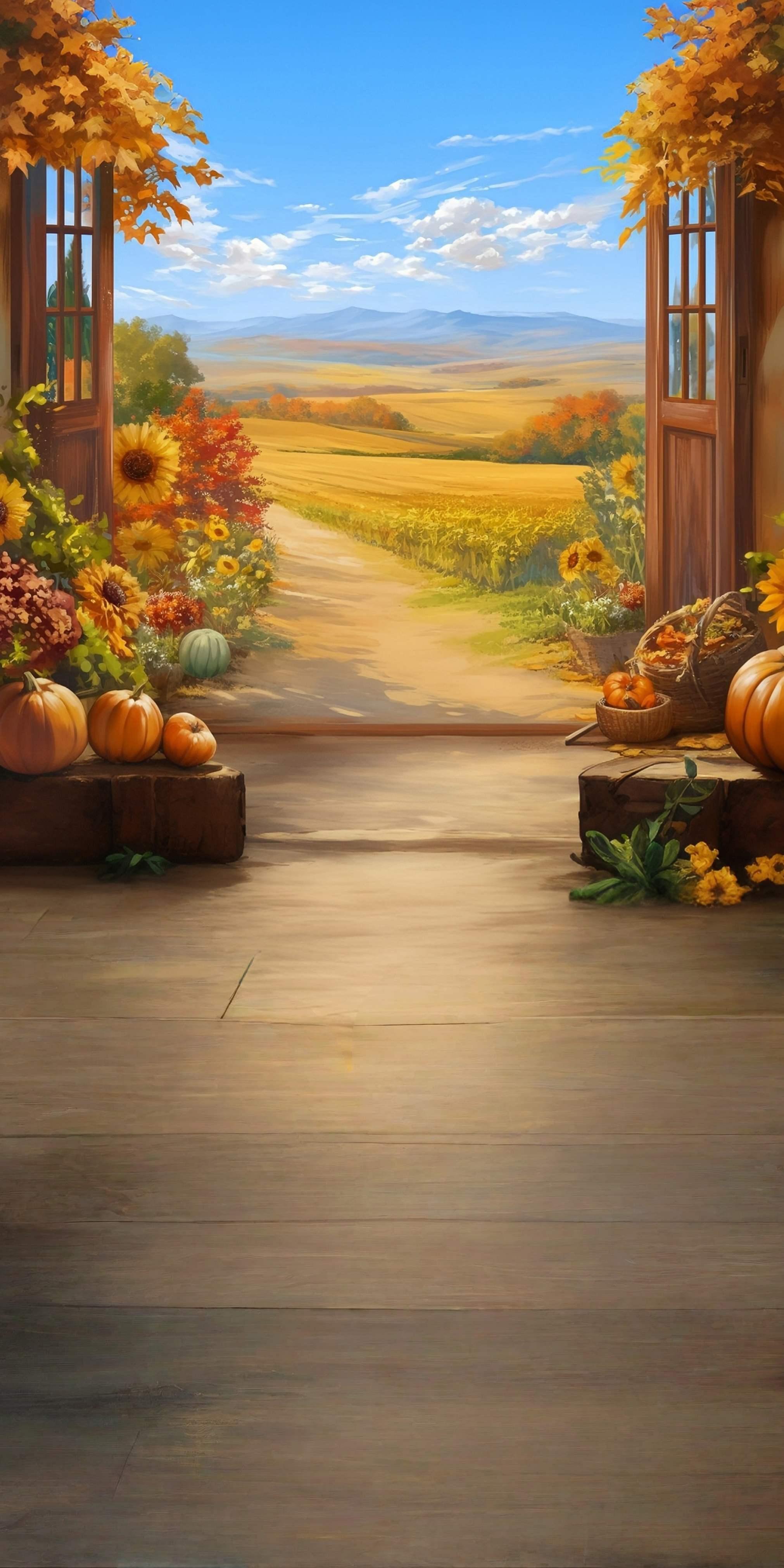 Herbstlaub-Fotohintergrund Herbst-Fensterblick Bauernhof-Pfad-Kehrer-Fotohintergrund MRR8-98