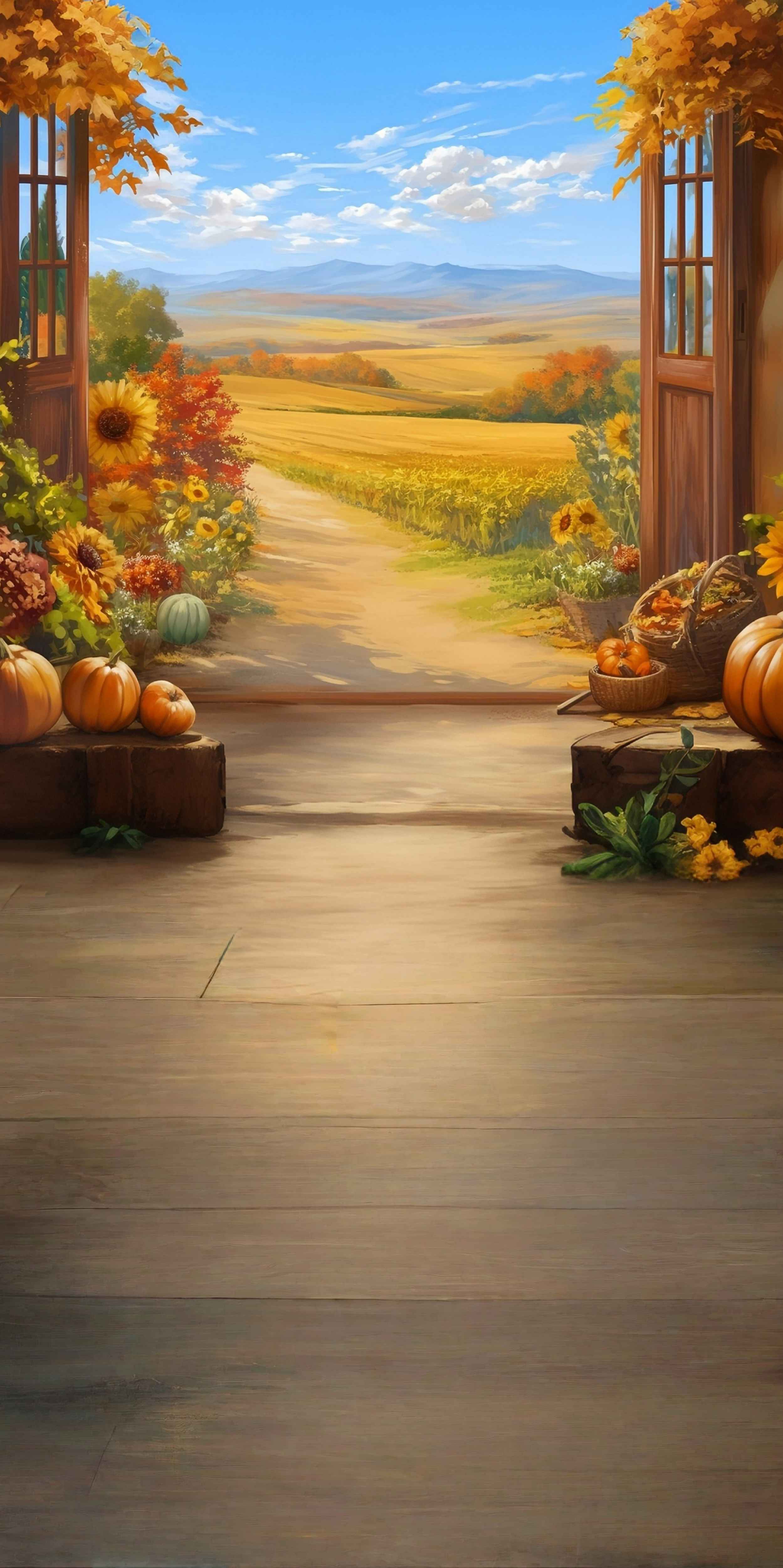 Herbstlaub-Fotohintergrund Herbst-Fensterblick Bauernhof-Pfad-Kehrer-Fotohintergrund MRR8-98