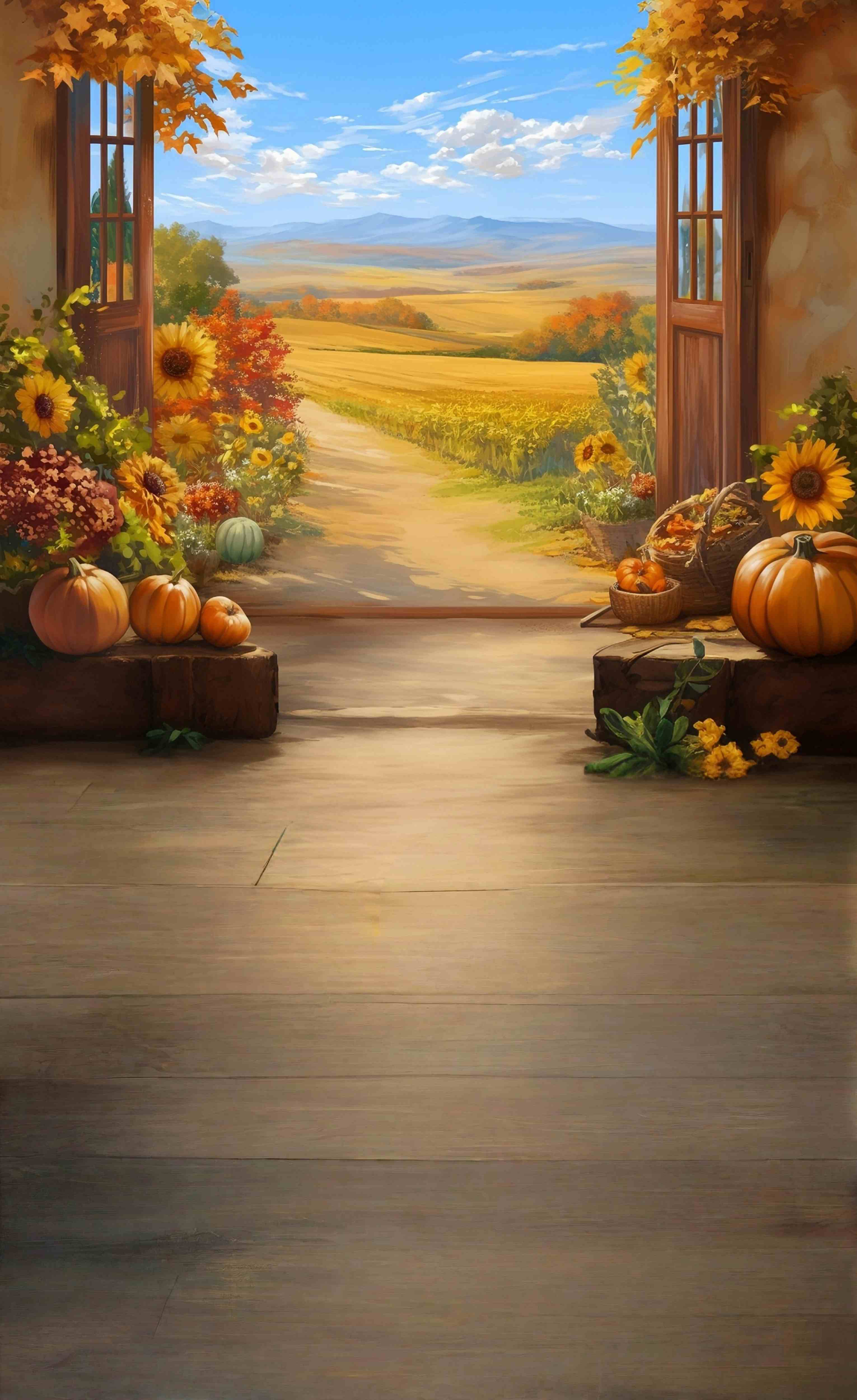 Herbstlaub-Fotohintergrund Herbst-Fensterblick Bauernhof-Pfad-Kehrer-Fotohintergrund MRR8-98