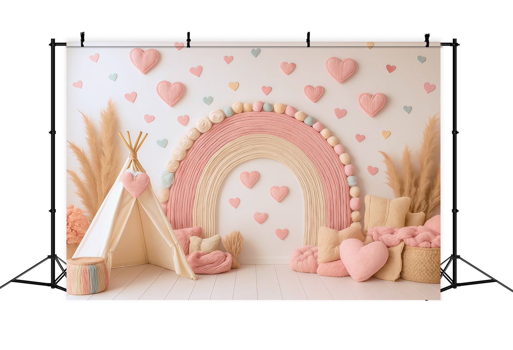 Boho-Regenbogen-Fotohintergrund Rosa Regenbogen-Herz-Dekoration Fotohintergründe für Kinder MRR9-11